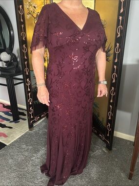 R & M Richards Burgundy Sequin Embroidered V-Neck Evening Gown